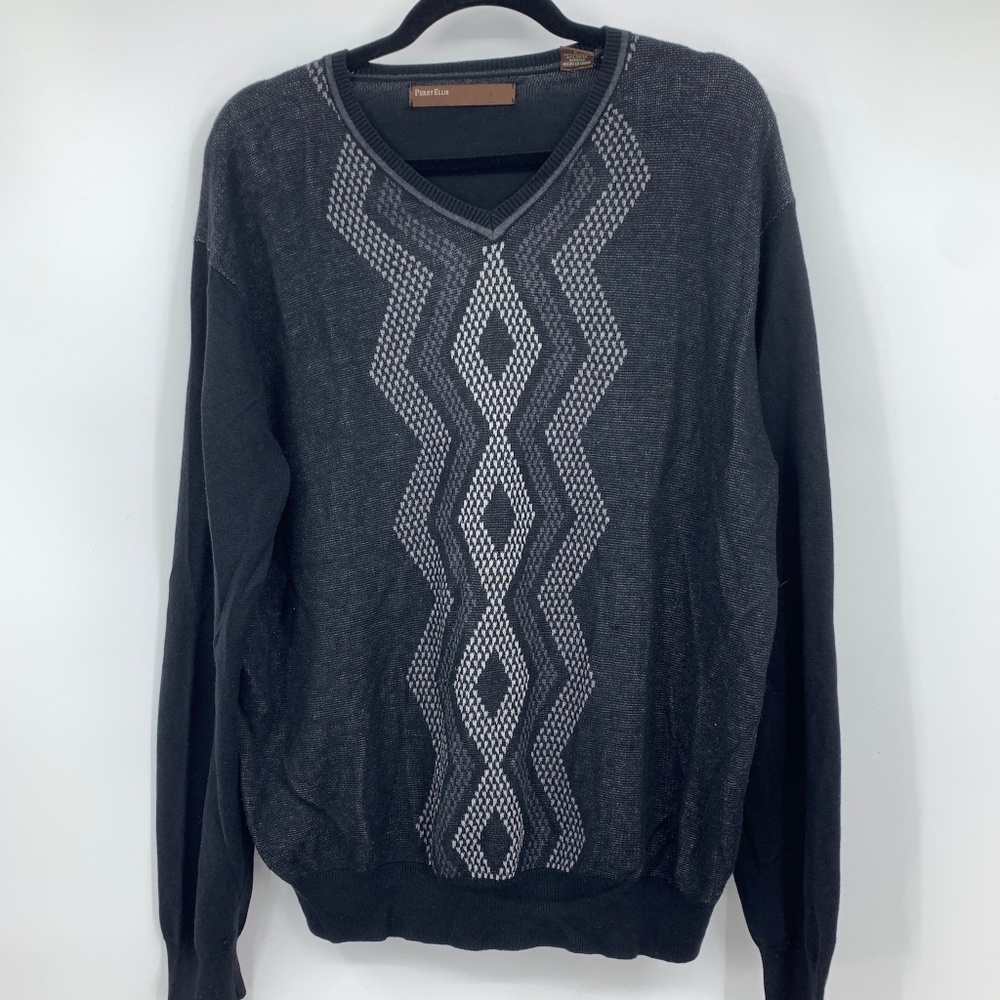 Perry Ellis Men Large Pullover V-neck Sweater Lightweight Argyle Print Business